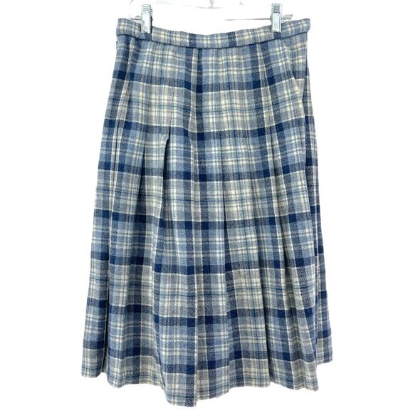 Edinburgh Woollen Mill (8) VINTAGE 70's Blue Tartan Plaid Wool Pleated Skirt - Picture 4 of 9